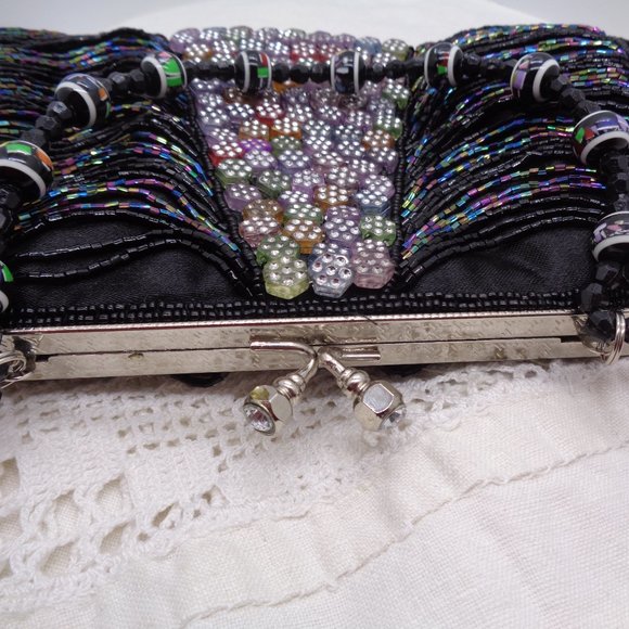 Vintage inspired Black Drape Bead & Flower Bead Evening Bag Purse - Picture 4 of 9